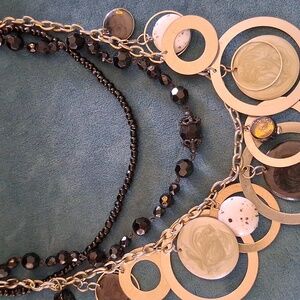 3 NY & Co Necklaces Layered Silver and Black Circle Pendant 2 Black 14,16,20 In.